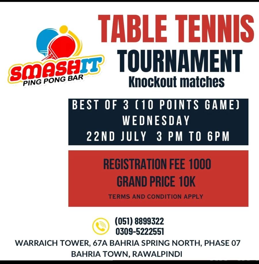 Poster: SMASH IT table tennis tournament, knockout matches, best of 3, registration fee 1000, grand prize 10K