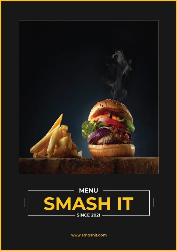 SMASH IT menu cover: a burger and fries on a dark background, since 2021